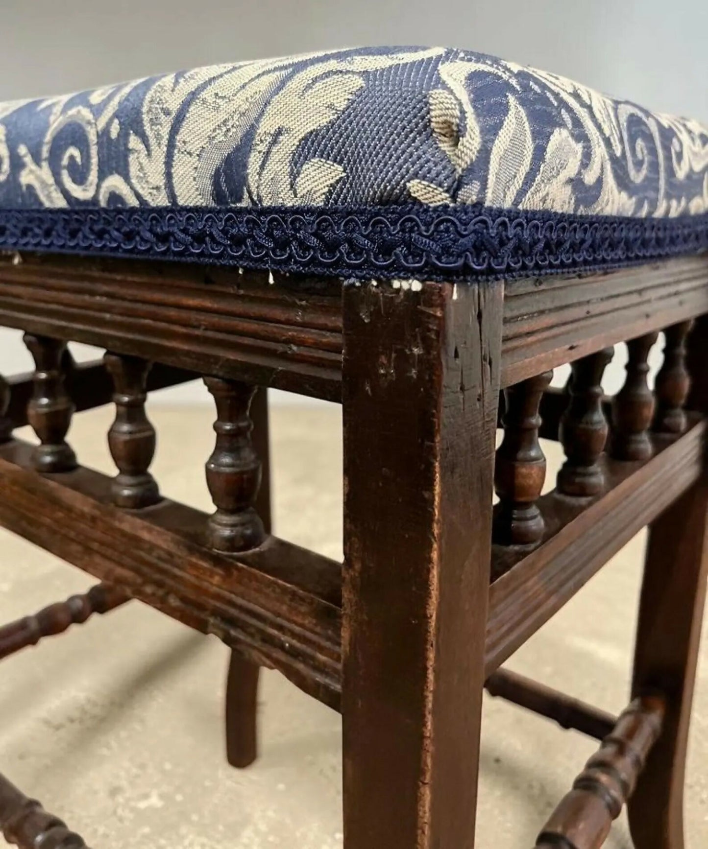 Vintage Upholstered Stool Wooden Frame Turned Legs Spindle Detail 54cm Height