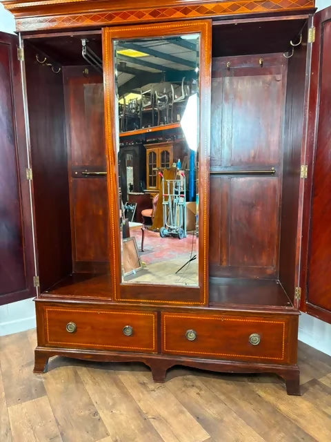 Edwardian Mahogany Inlaid Wardrobe / Armoire with Mirror & Drawers