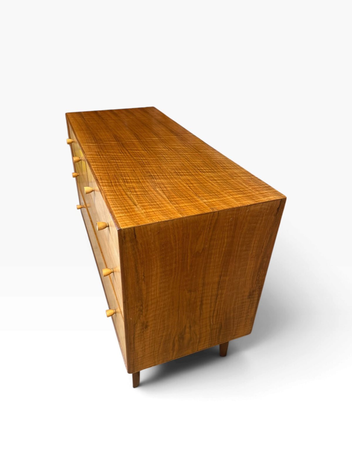 Mid-Century Quartersawn Sycamore Chest of Drawers by Maple & Co