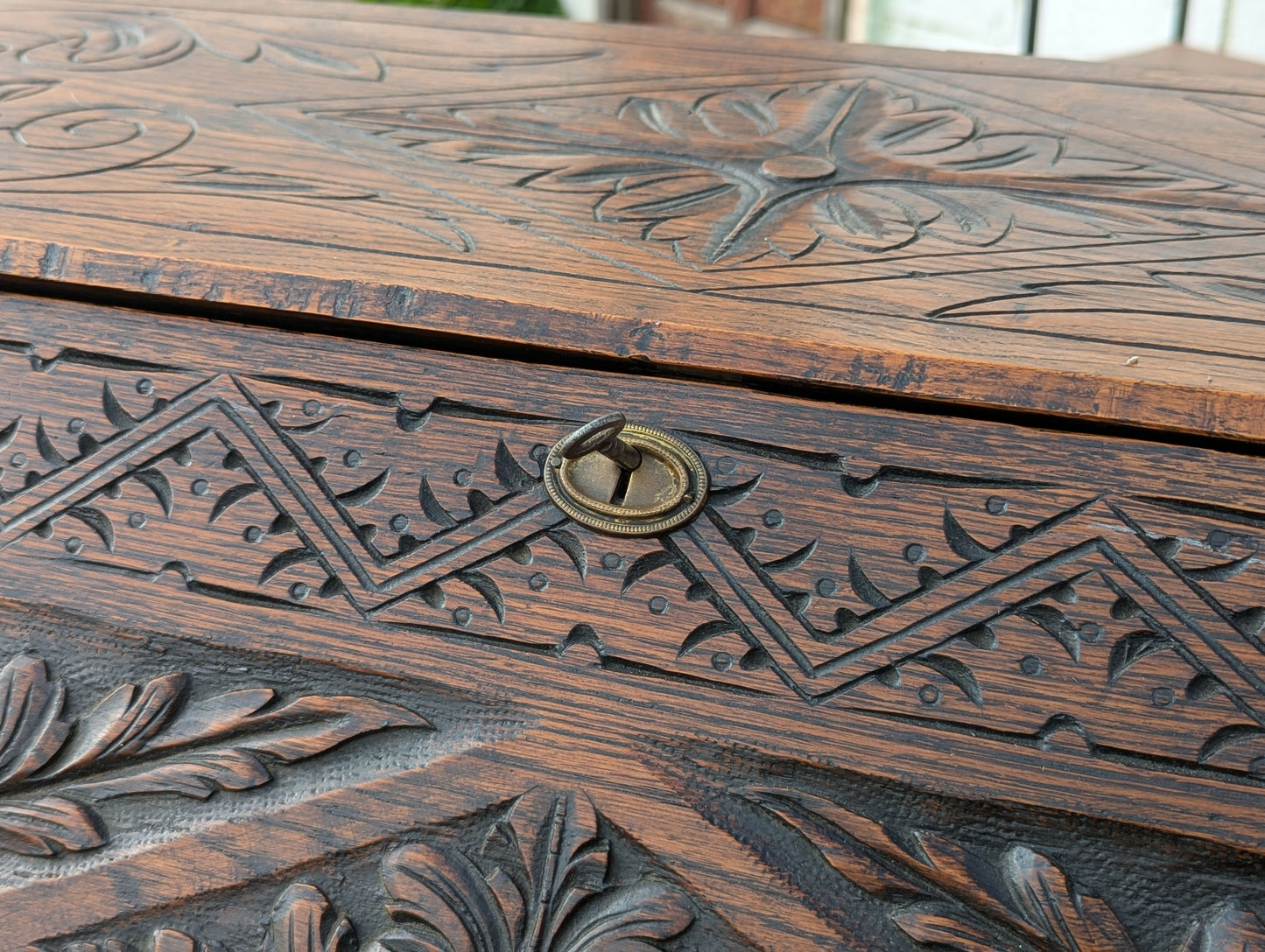 Antique Victorian tudor oak hand carved green man bureau dest chest drawers in