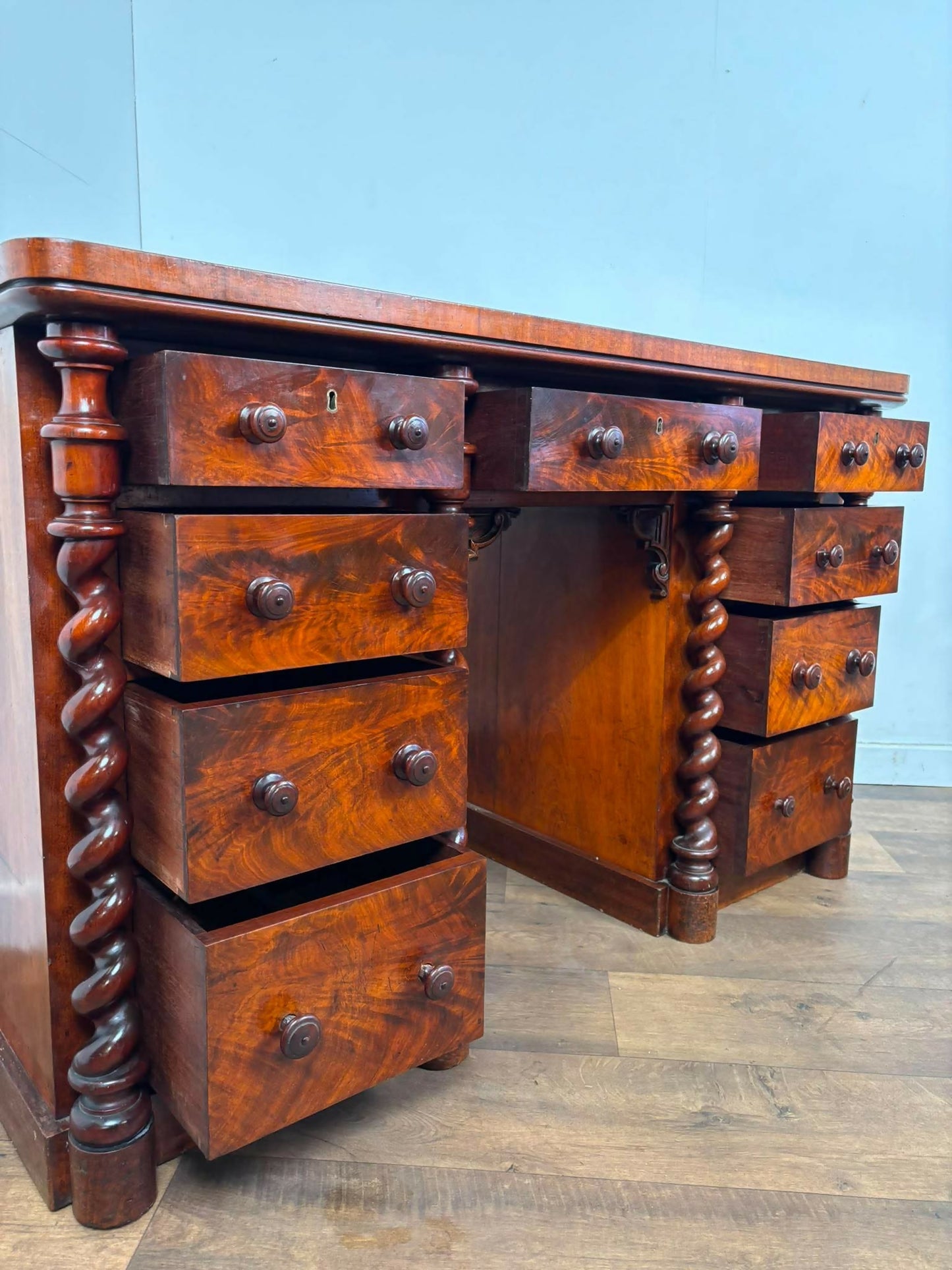 Victorian Scottish Flame Mahogany Pedestal Desk