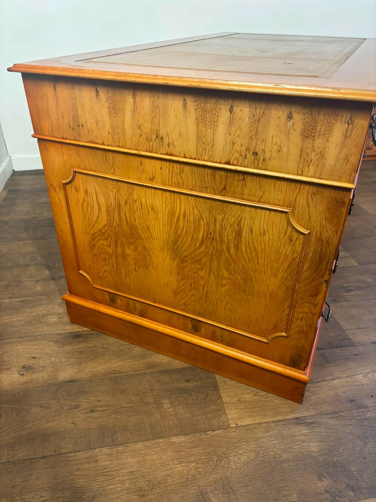 Reproduction Yew Wood Pedestal Desk with Brown Leather Inset