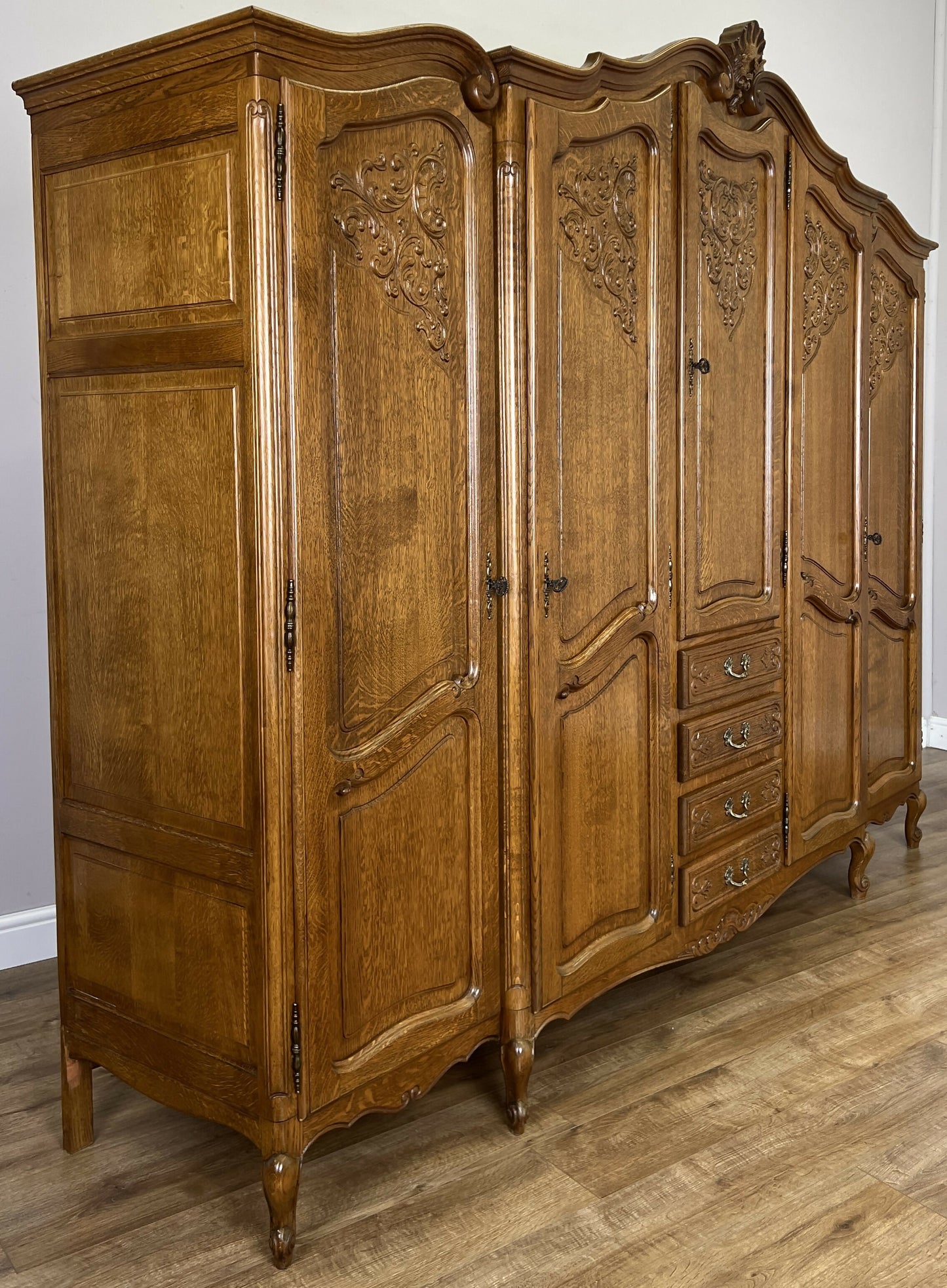 Wardrobe Vintage French Louis XVI Style Five Door Oak Carved Armoire LOT 6457