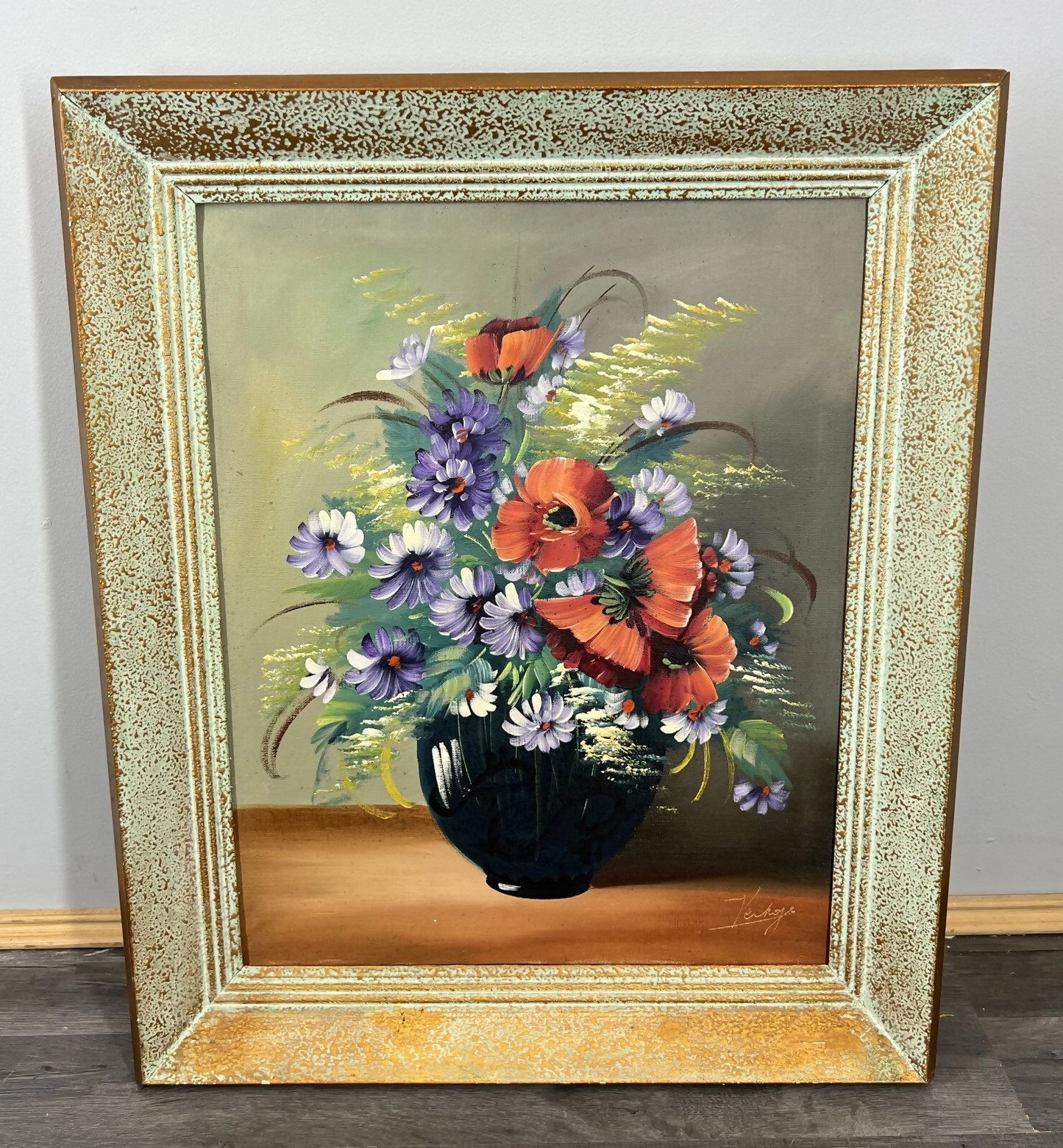 Painting Vintage French Floral Vase Red Purple Flower Signed Framed LOT 3878