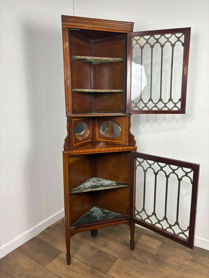 Edwardian Mahogany Inlaid Glass Fronted Corner Cabinet