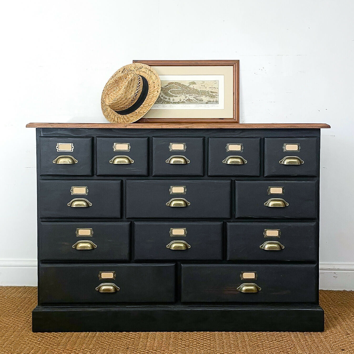 4ft Apothecary haberdashery "style" merchant bank chest of drawers sideboard Solid pine ebonized black x13 drawers