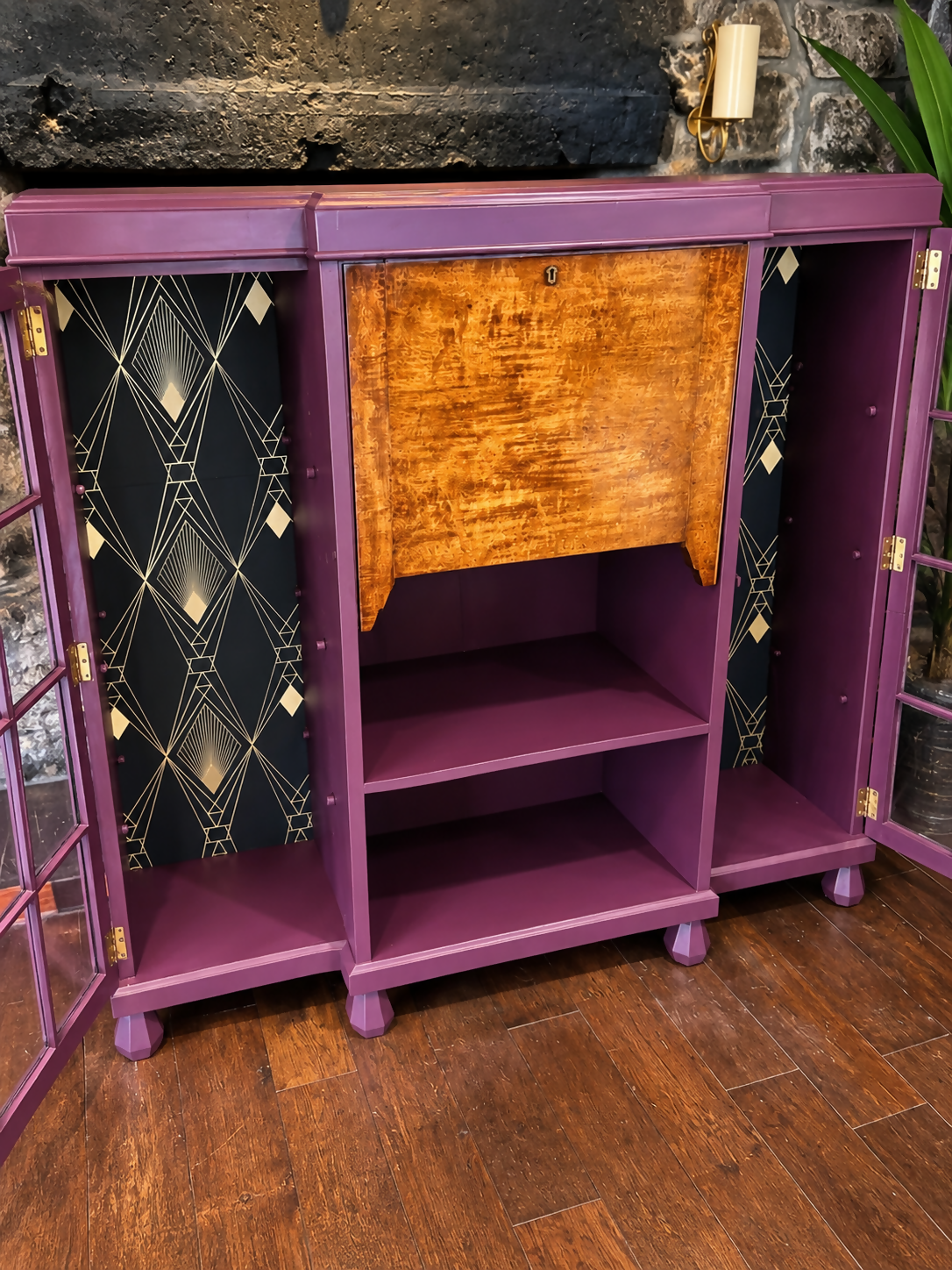 Art Deco Writing Bureau Bookcase & Drinks Cabinet - Aubergine Purple, Walnut & Glass