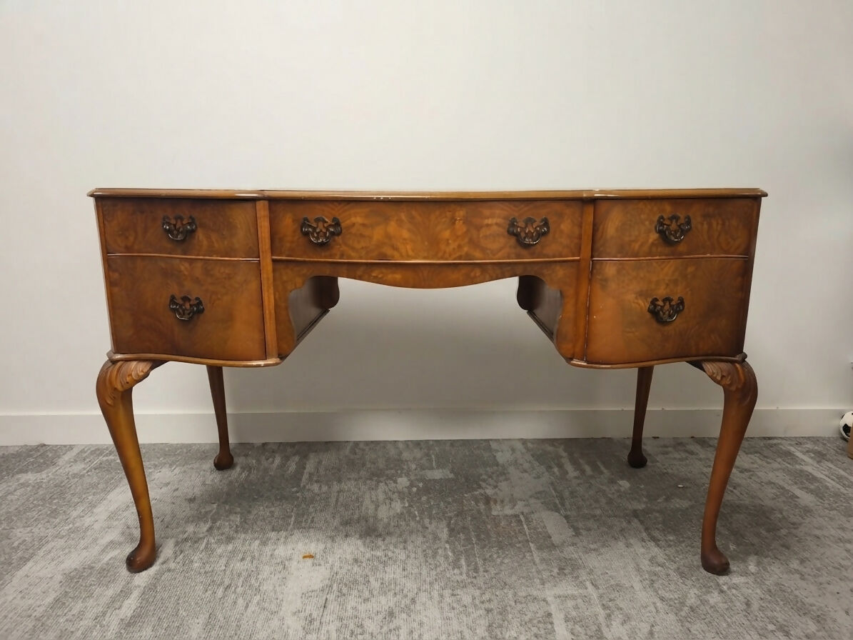 Vintage Cameo by Sklan Burr Walnut Writing Desk / Dressing Table with Leather Inlay & Cabriole Legs