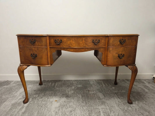 Vintage Cameo by Sklan Burr Walnut Writing Desk / Dressing Table with Leather Inlay & Cabriole Legs