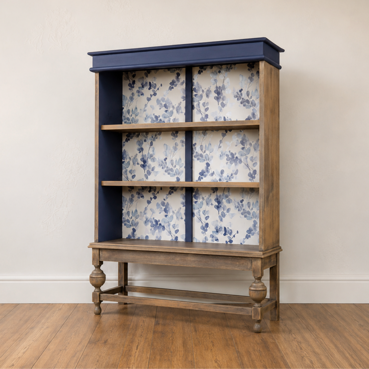 Vintage Open Bookcase | Upcycled Display Cabinet | Blue Botanical Shelving Unit | Hand Painted Furniture