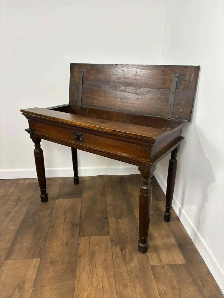 Antique Rustic Oak Side Table – Lift-Up Lid, Unique Construction