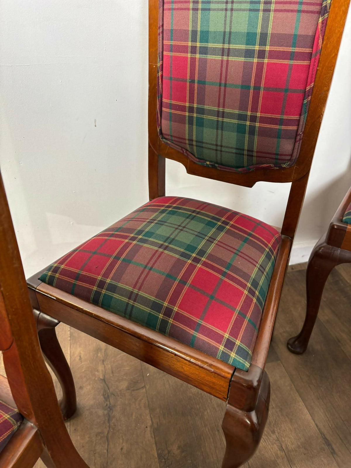 Set Of Six Antique Tartan Upholstered Dining Chairs