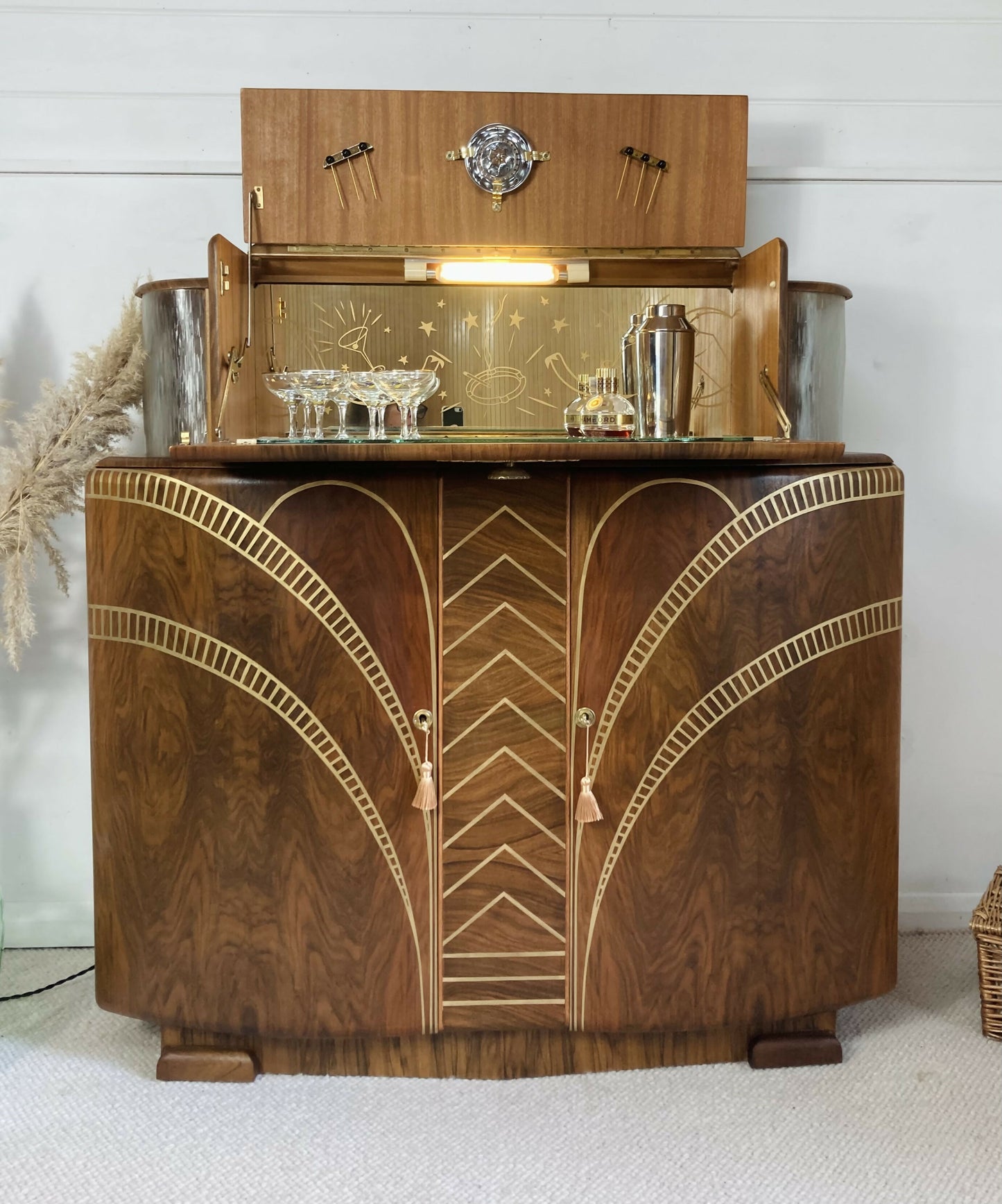 Large Art Deco Walnut Cocktail Cabinet with Design