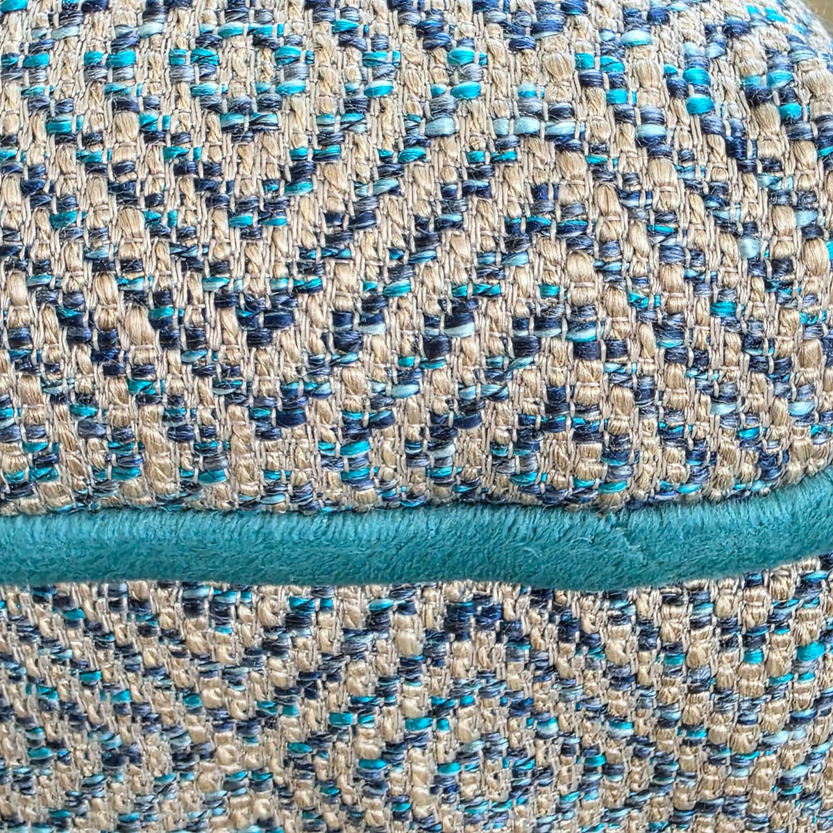 Long, Low Footstool, Restored and Reupholstered in Top Quality Woven Fabric.Teak wood feet. Newly Reupholstered.