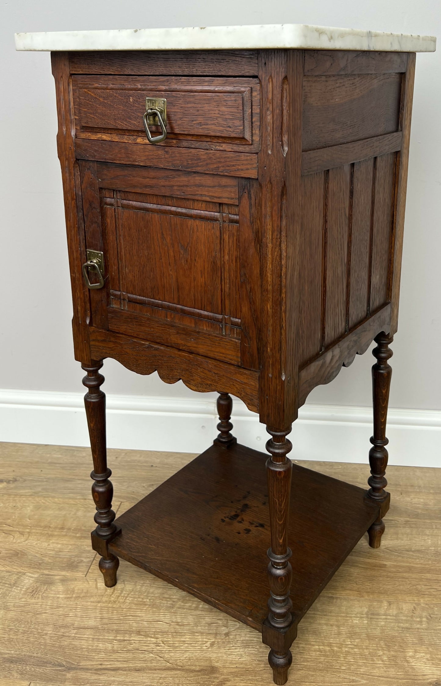 Bedside Table Antique French Style Marble Top Oak Cabinet Nightstand LOT 6246