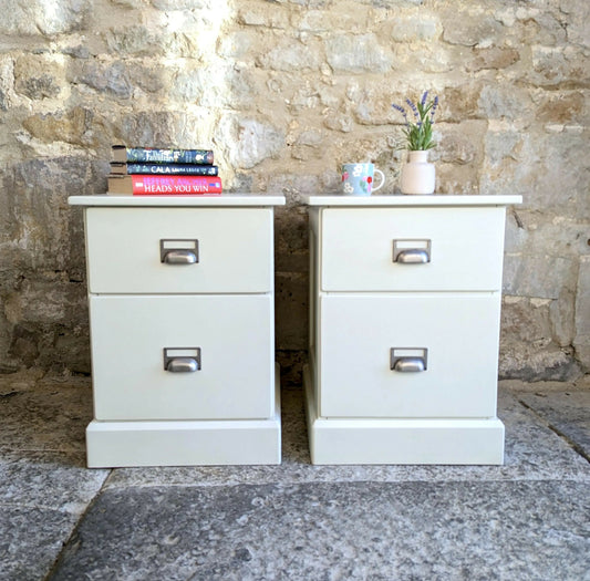 Pair Painted Bedside Tables with Drawers - Off White/ Cream