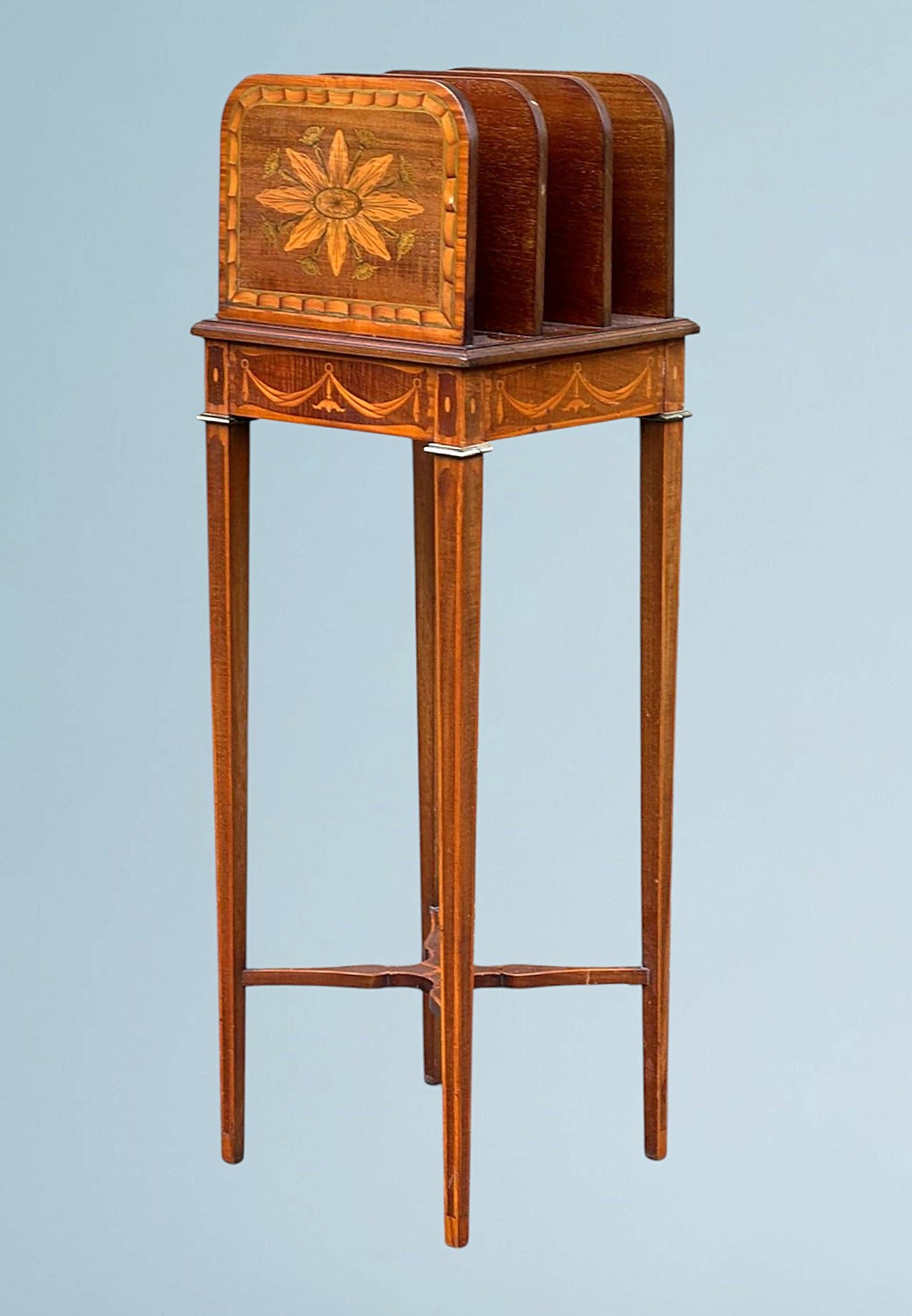 Sheraton Revival Inlaid Mahogany Canterbury Stand / Magazine Rack