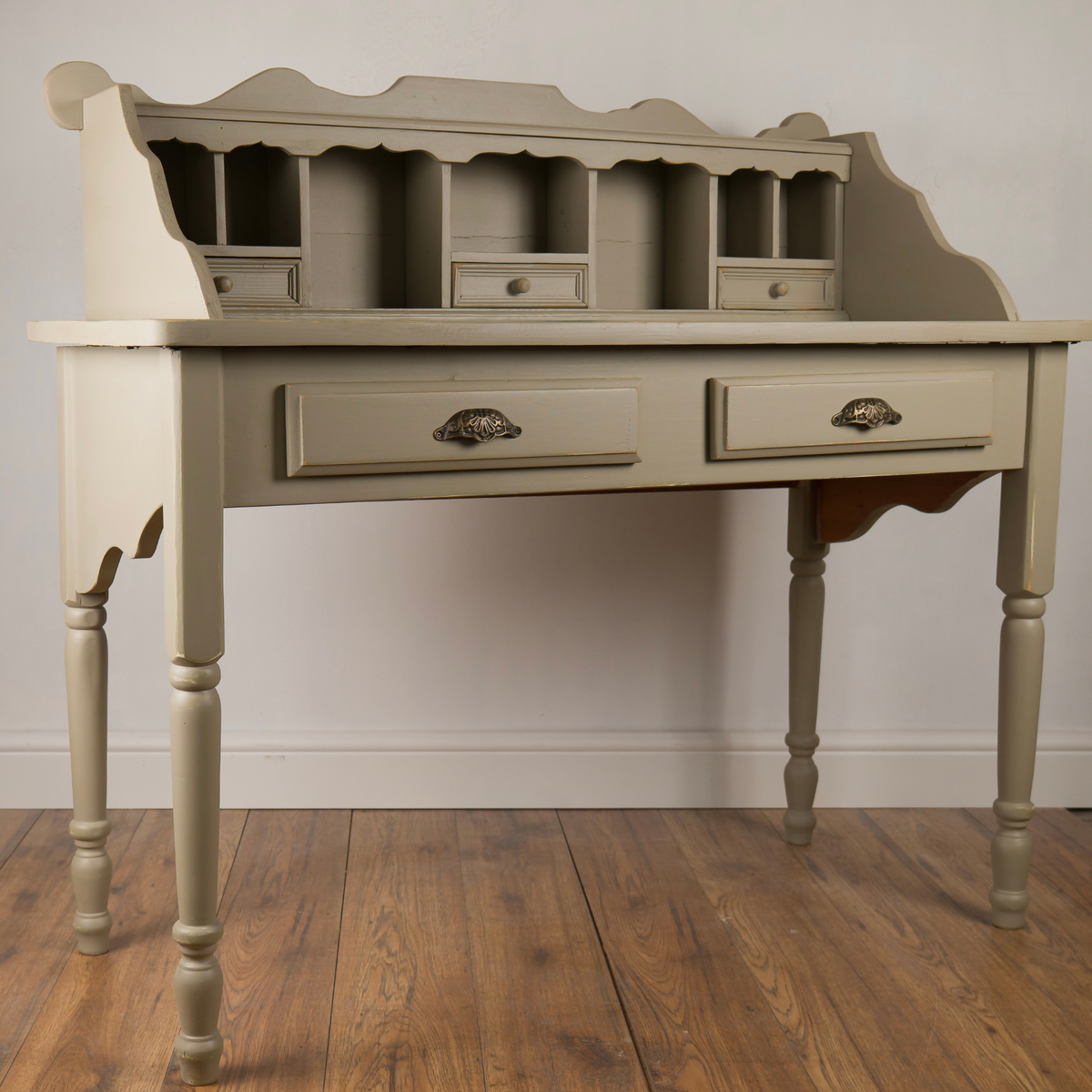 Upcycled French Country Writing Desk, Dried Sage Finish, Pigeonhole Storage