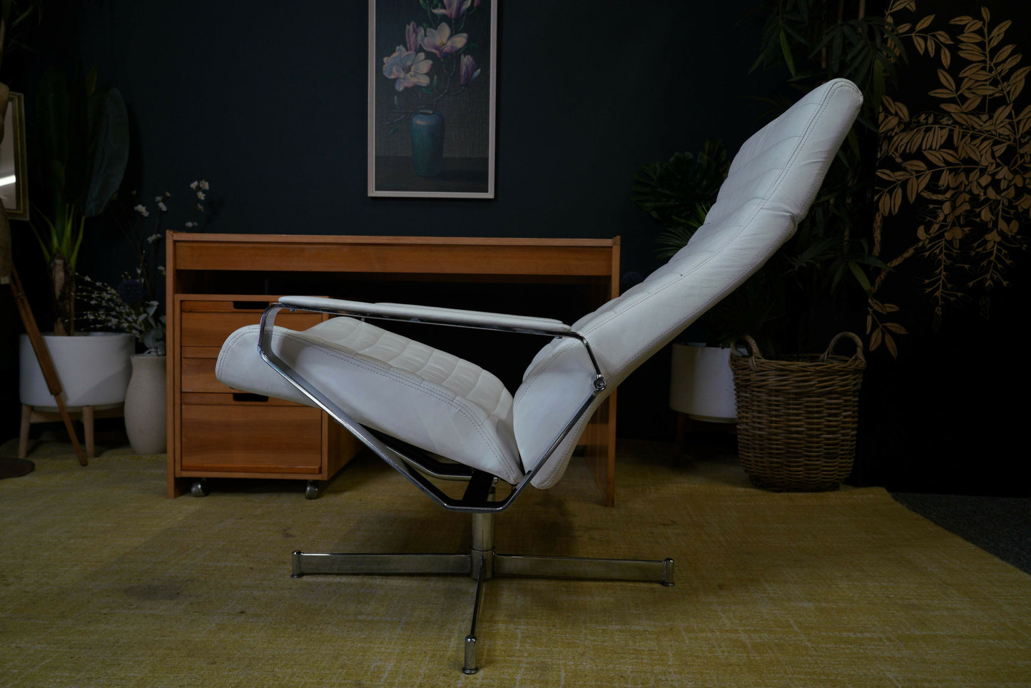 Vintage Danish Modern High Back Swivel Lounge Chair | Chrome & White Leather