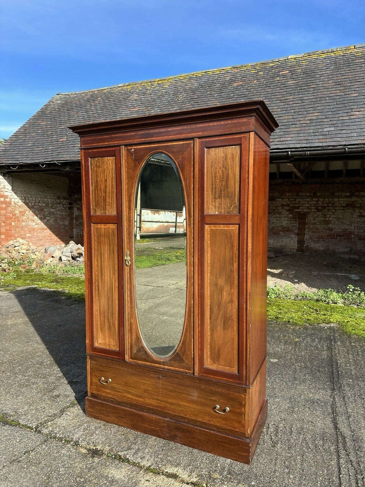 Antique Edwardian Mahogany Inlaid Mirrored Wardrobe With Drawer