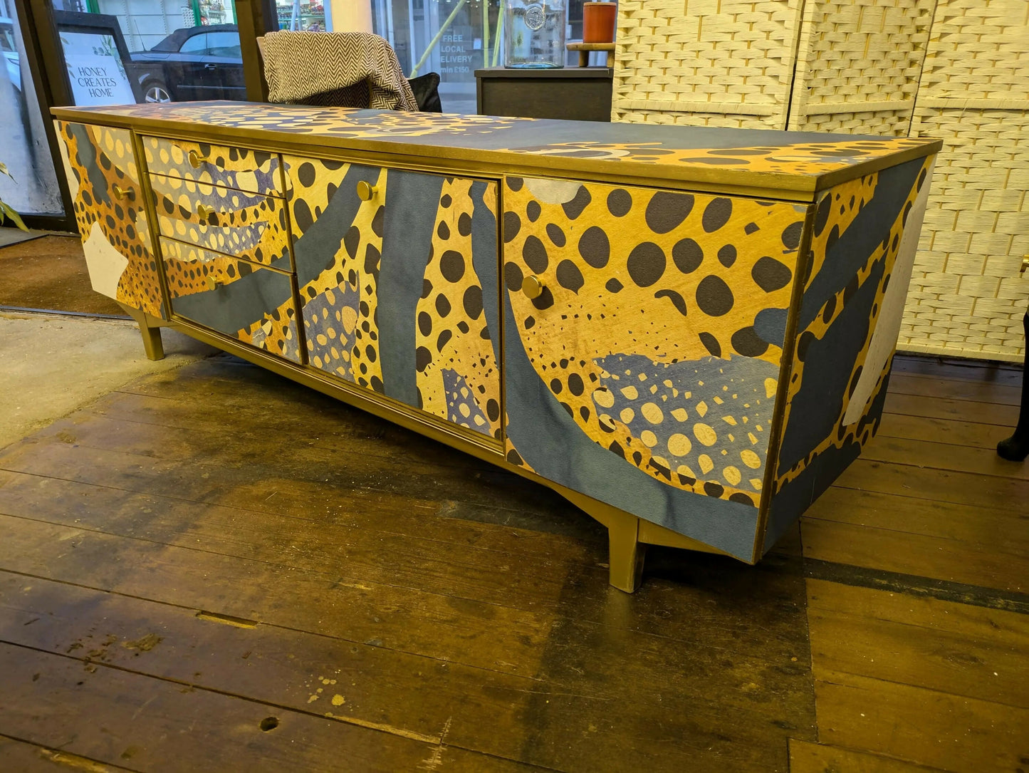 Mid-Century Modern Octopus Print Sideboard: Upcycled TV Unit Cabinet Commission Piece