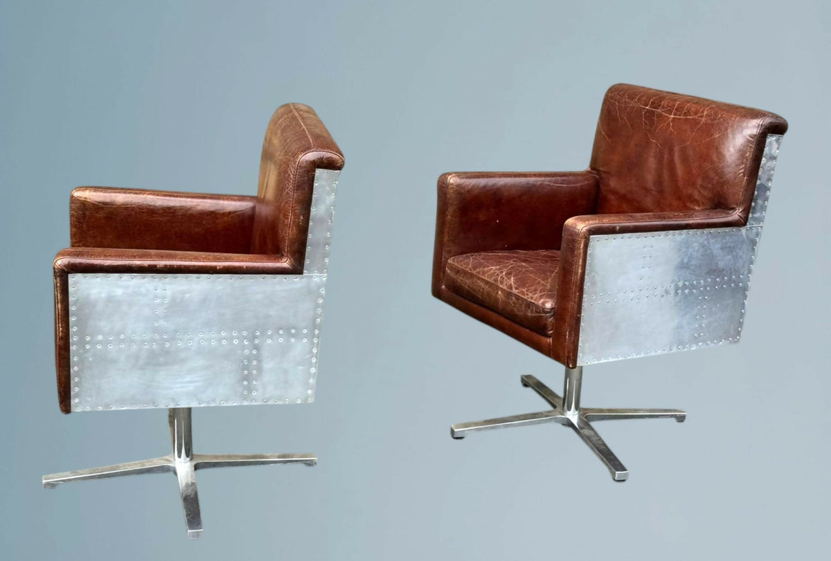 Two Hand Dyed Brown Leather Aviators Swivel Captains Chairs
