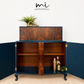 Navy Blue and Gold Art Deco Walnut Drinks Cabinet, cocktail cabinet, 1930s, vintage bar, sideboard, refurbished