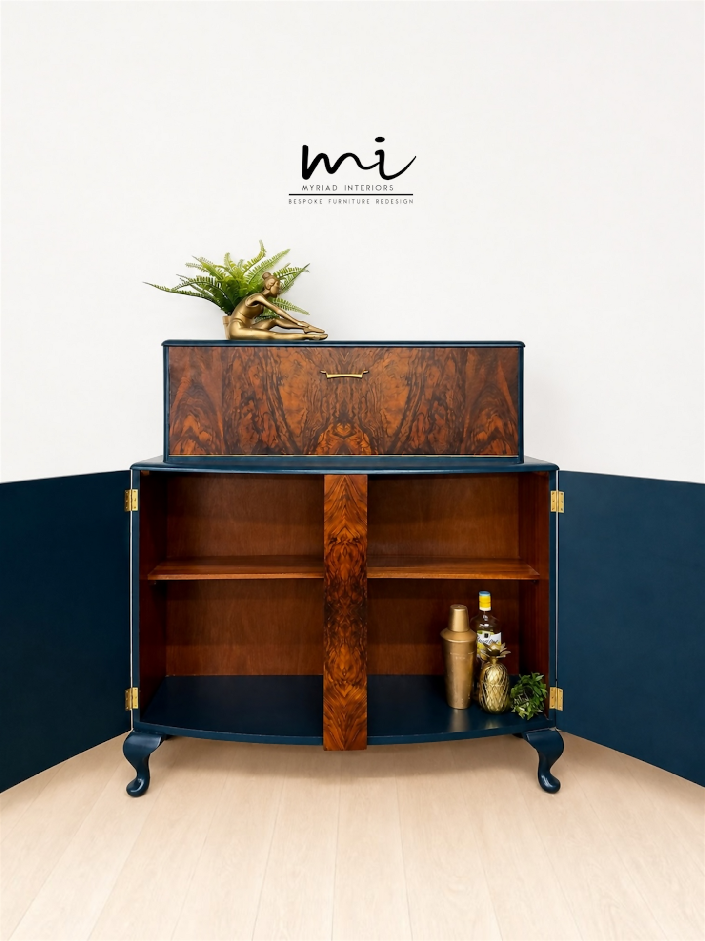 Navy Blue and Gold Art Deco Walnut Drinks Cabinet, cocktail cabinet, 1930s, vintage bar, sideboard, refurbished
