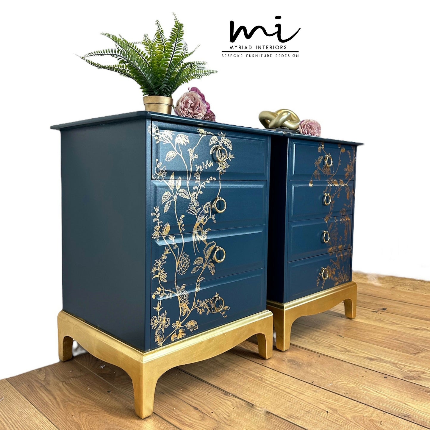 Pretty Refurbished Stag Minstrel 4 drawer bedside tables, navy blue with gold foil design, bird song, nightstands, vintage, blossom art deco