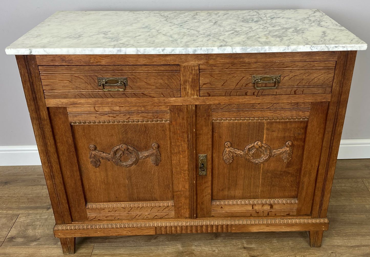 Cabinet Antique French Style Marble Top Oak Sideboard Carved Cupboard LOT 6284
