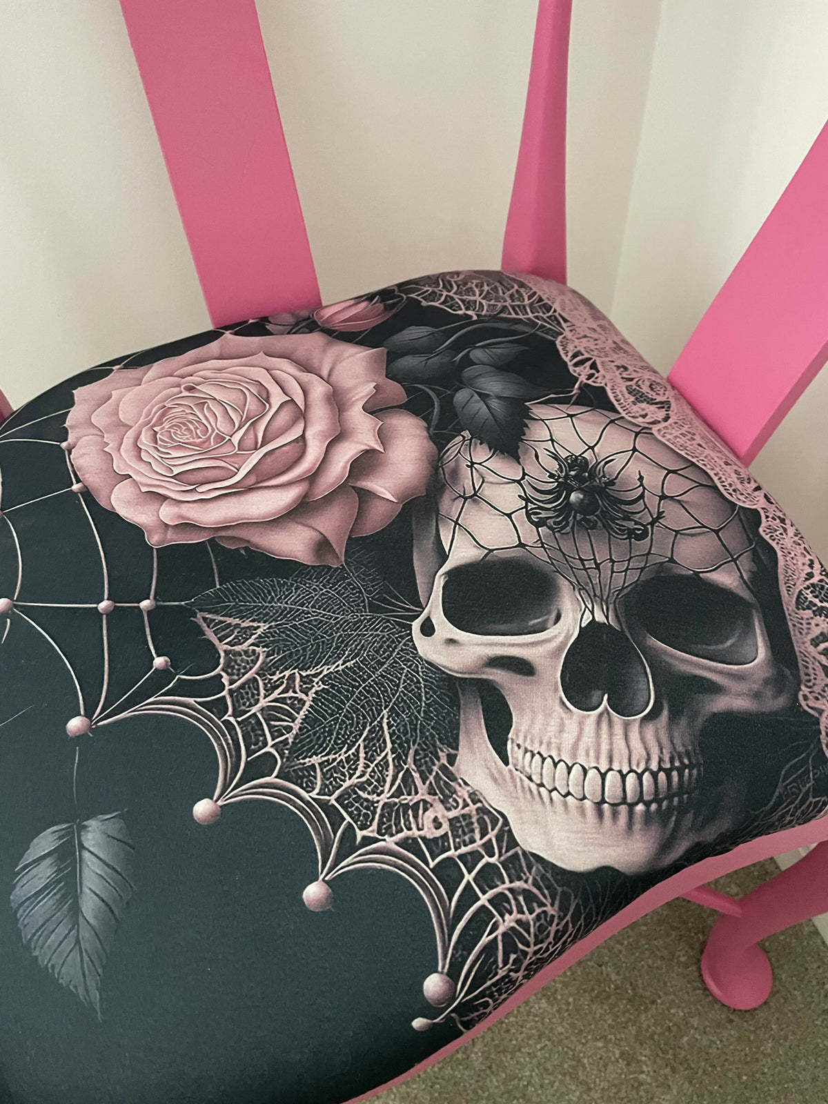 Antique Upcycled Corner Chair with Skull & Flower pattern seat