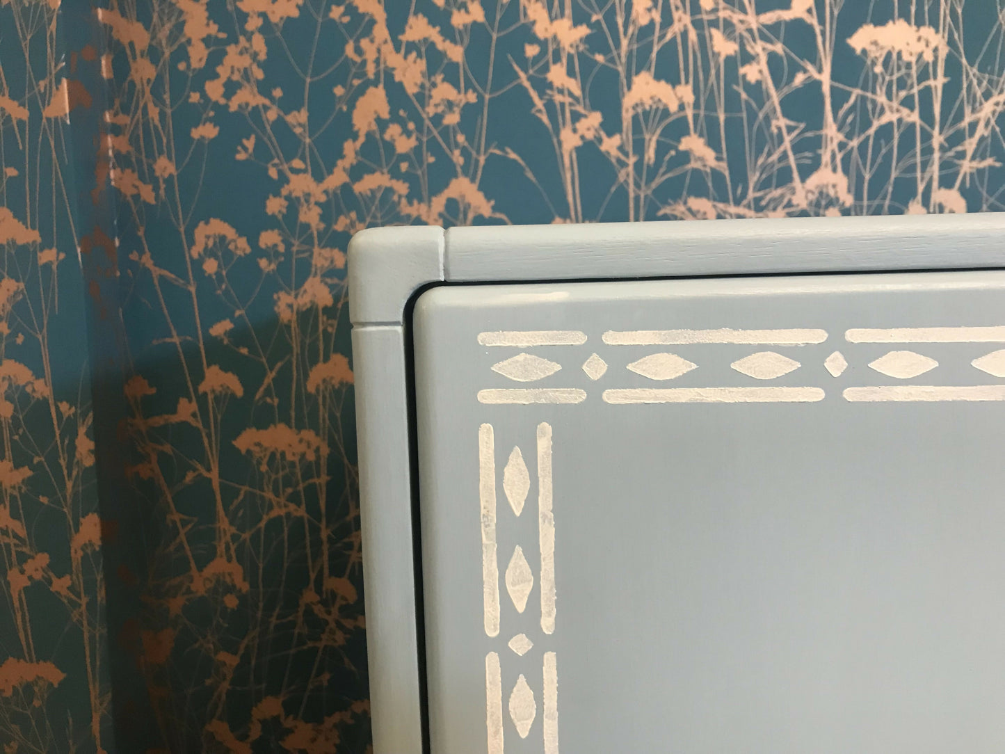 Painted Cupboard - Swedish Blue with Faux Bone Stencilling
