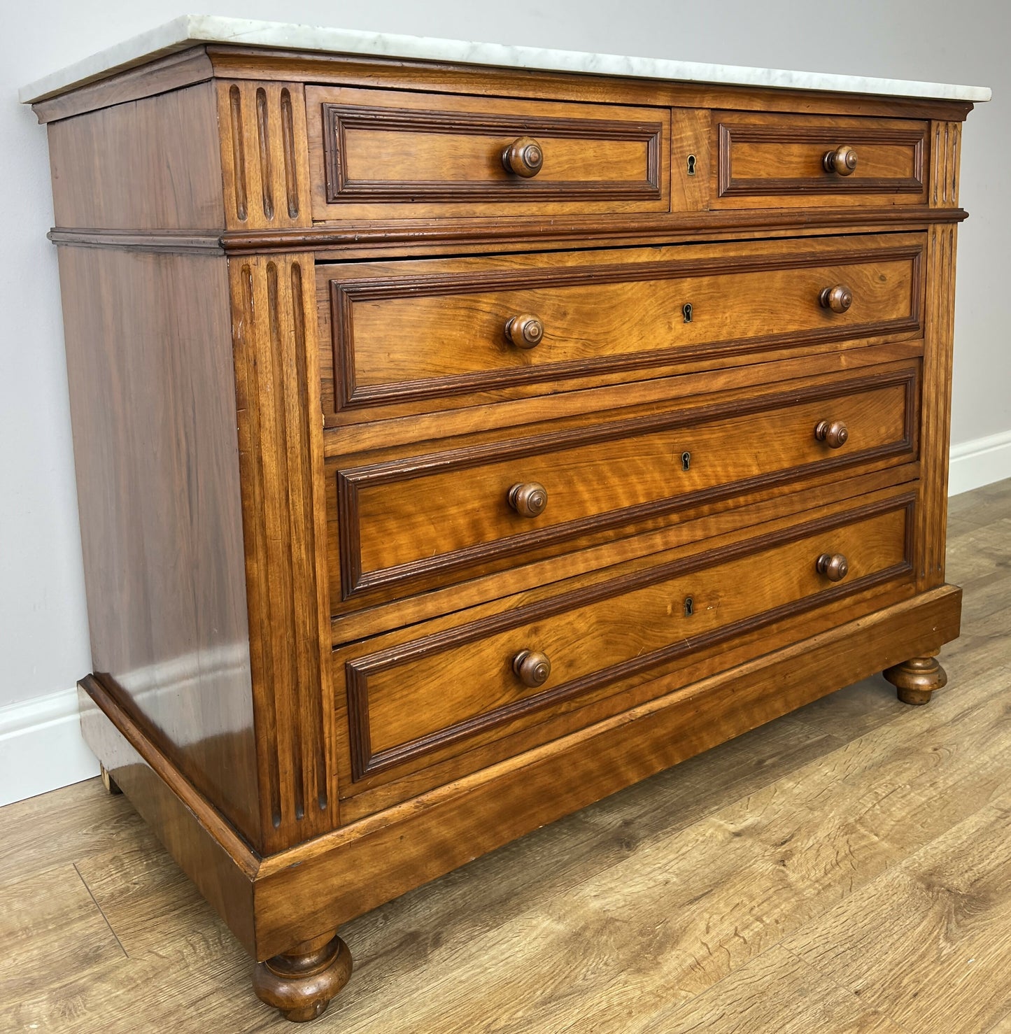 Chest of Drawers Antique French Walnut Marble Top 5 Drawers Cabinet LOT 6291