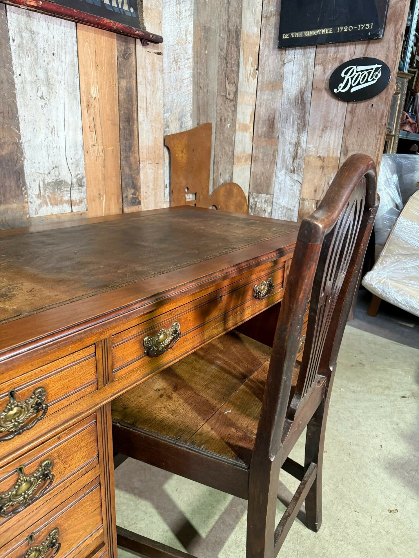 Antique Mid Victorian Walnut and Mahogany Embossed Leather Twin Pedestal Writing Desk, c.1860
