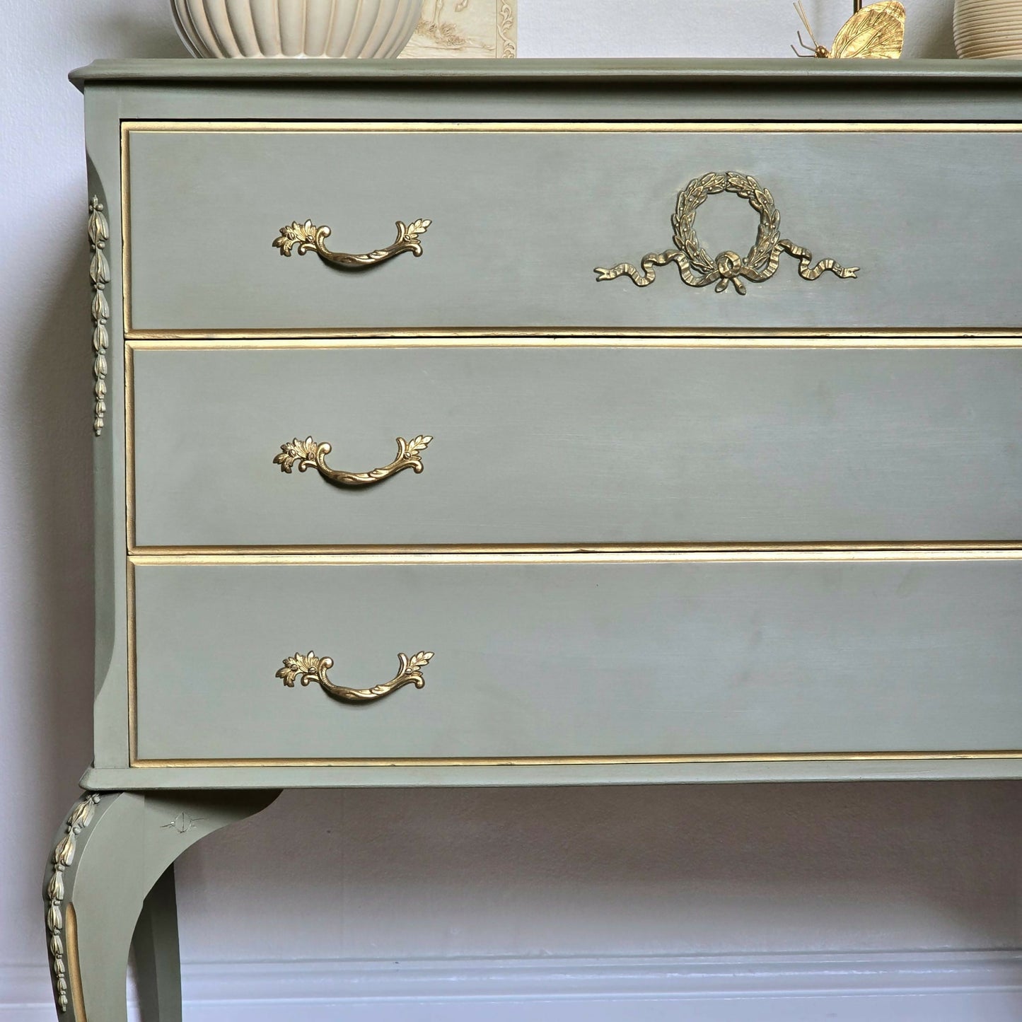 Vintage Louis Style Olympus Chest of Drawers | Upcycled in Sage Green & Gold