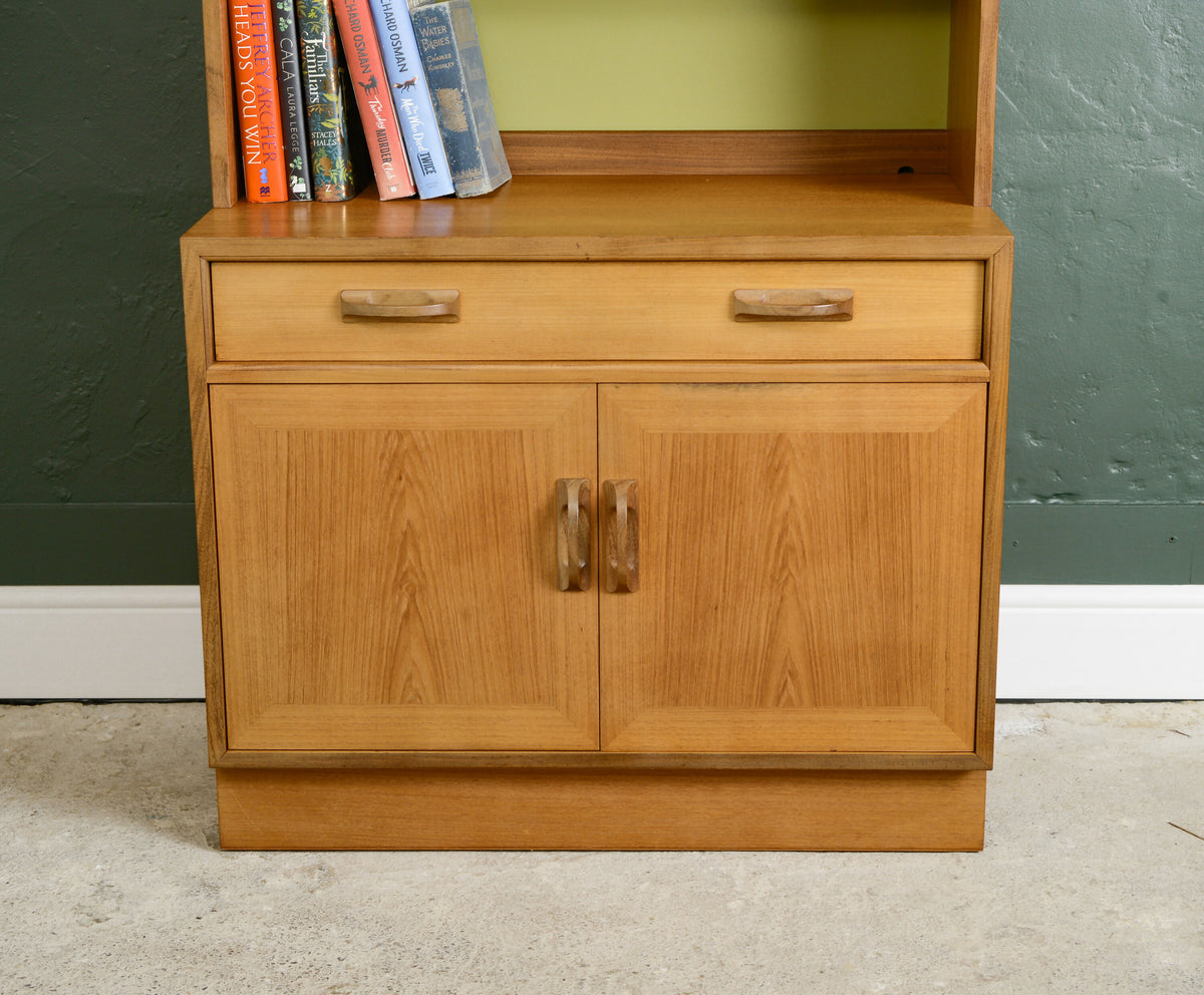 G Plan Sierra Wall Unit with Glass Doors and Green Backboard