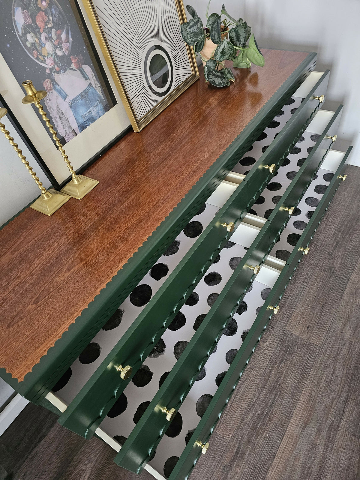 Large Vintage Dark Green Chest of Drawers with Scallops