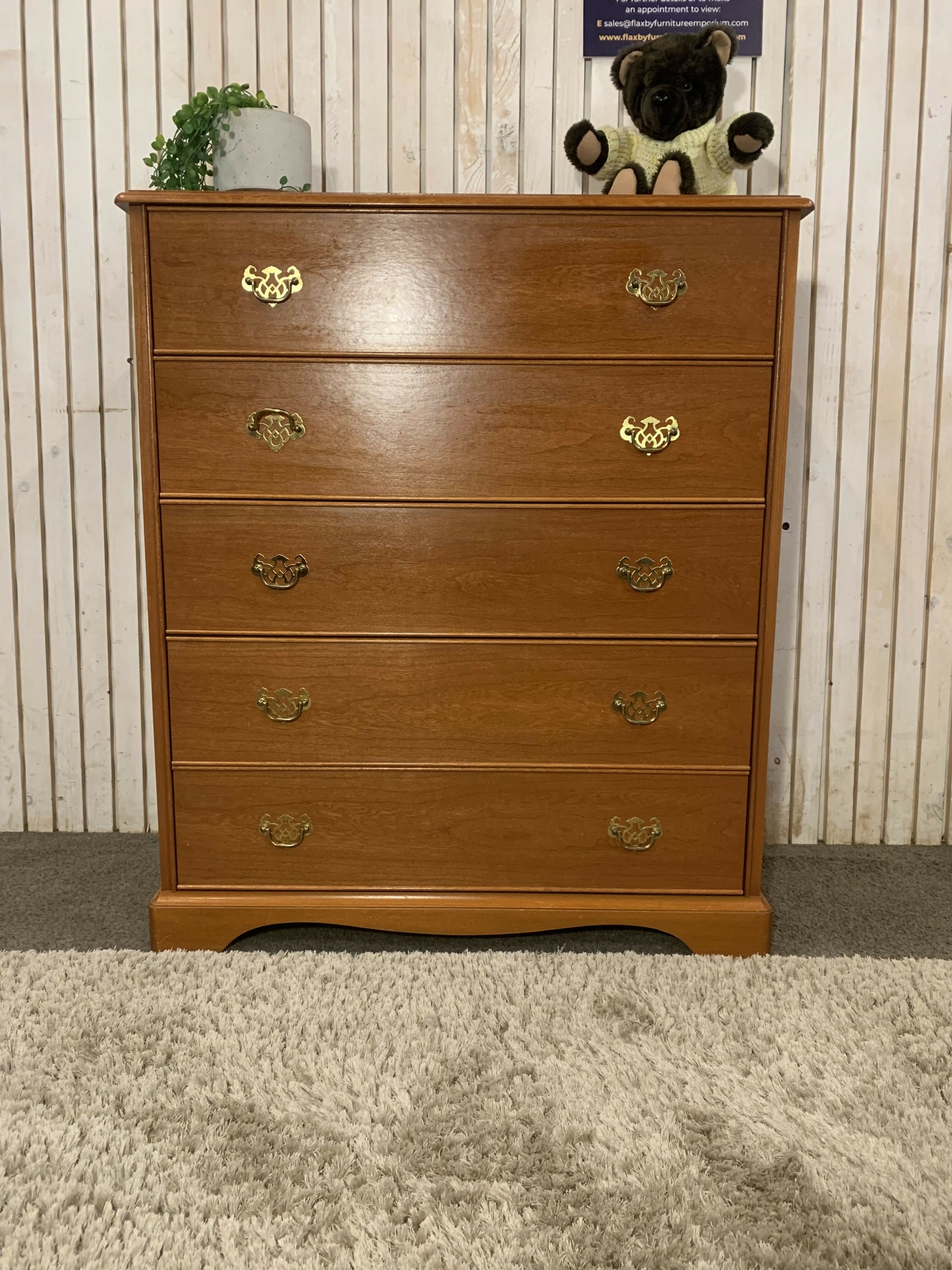 Vintage Stag Tallboy Chest – 5 Drawer Solid Wood Bedroom Storage, Retro Mid-Century Style