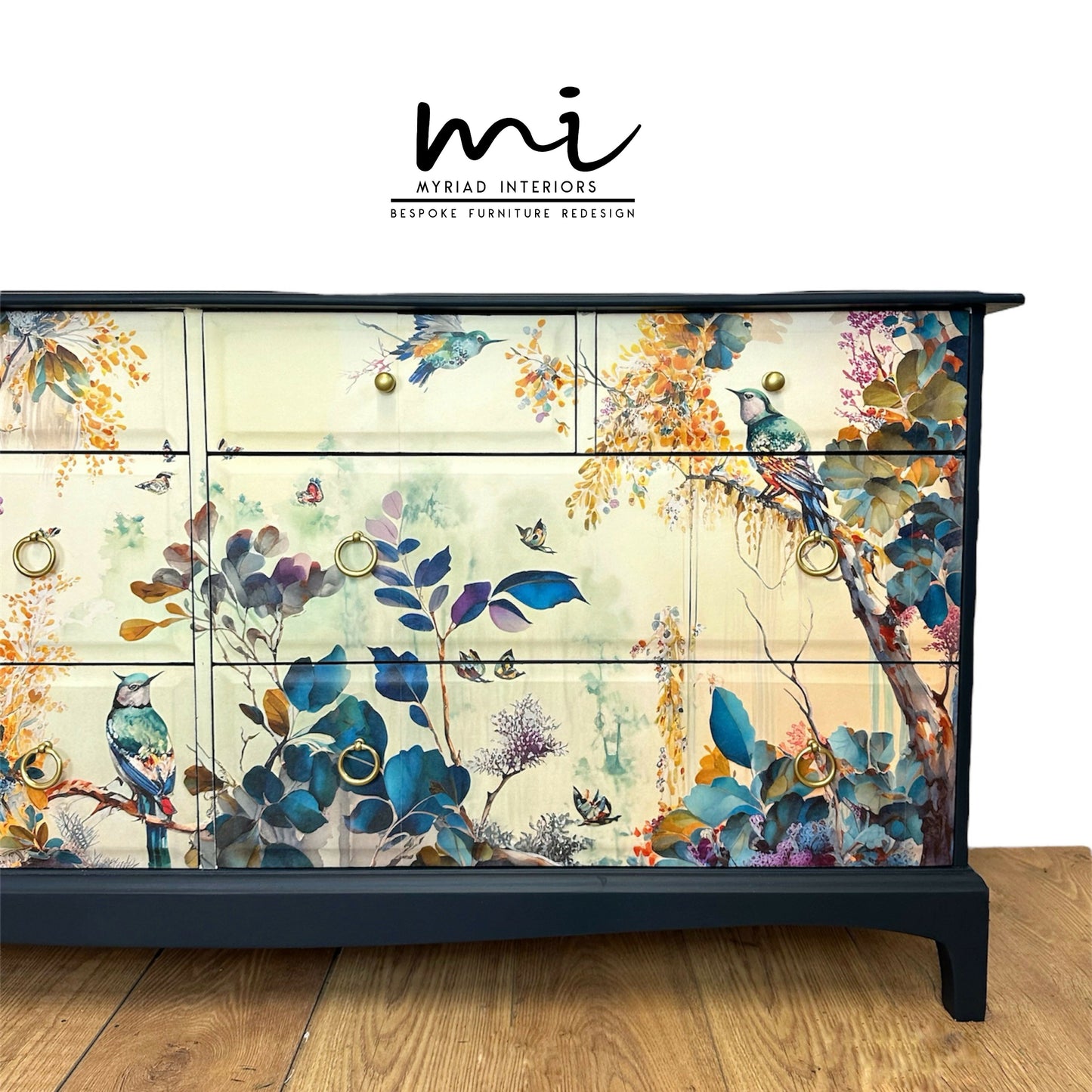 MADE TO ORDER Refurbished vintage Stag Minstrel large captains chest of drawers, navy blue, floral bird design, dresser, large sideboard mid century, teal