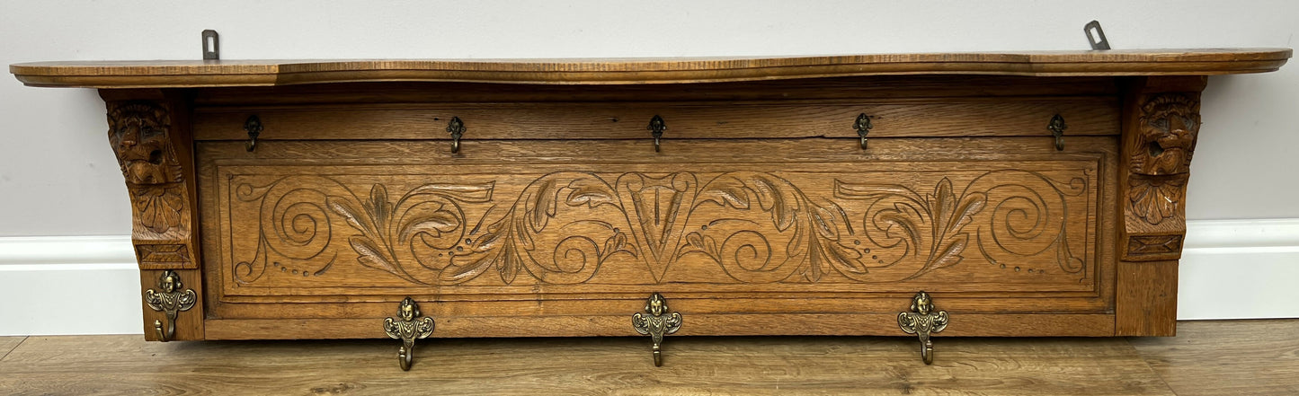 Coat Rack Antique French Carved Oak Wall Mounted 9 Hooks Rack Hanger LOT 6292