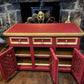 Vintage Chinoiserie Eastern Style Red & Gold Sideboard With Lattice Doors & Lined Interior