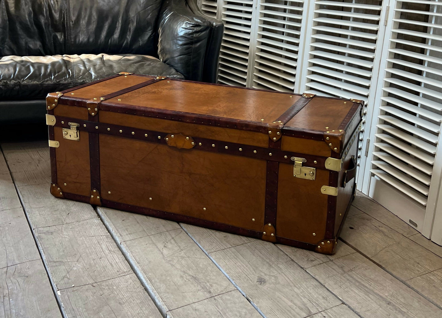 Luxury Handmade Tan Leather Coffee Table Trunk bespoke order for bridle