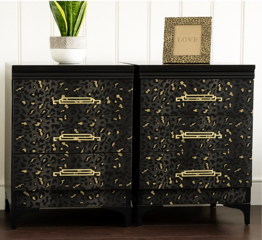 Luxe Black & Gold upcycled Leopard Print Bedside Tables | Art Deco Glam