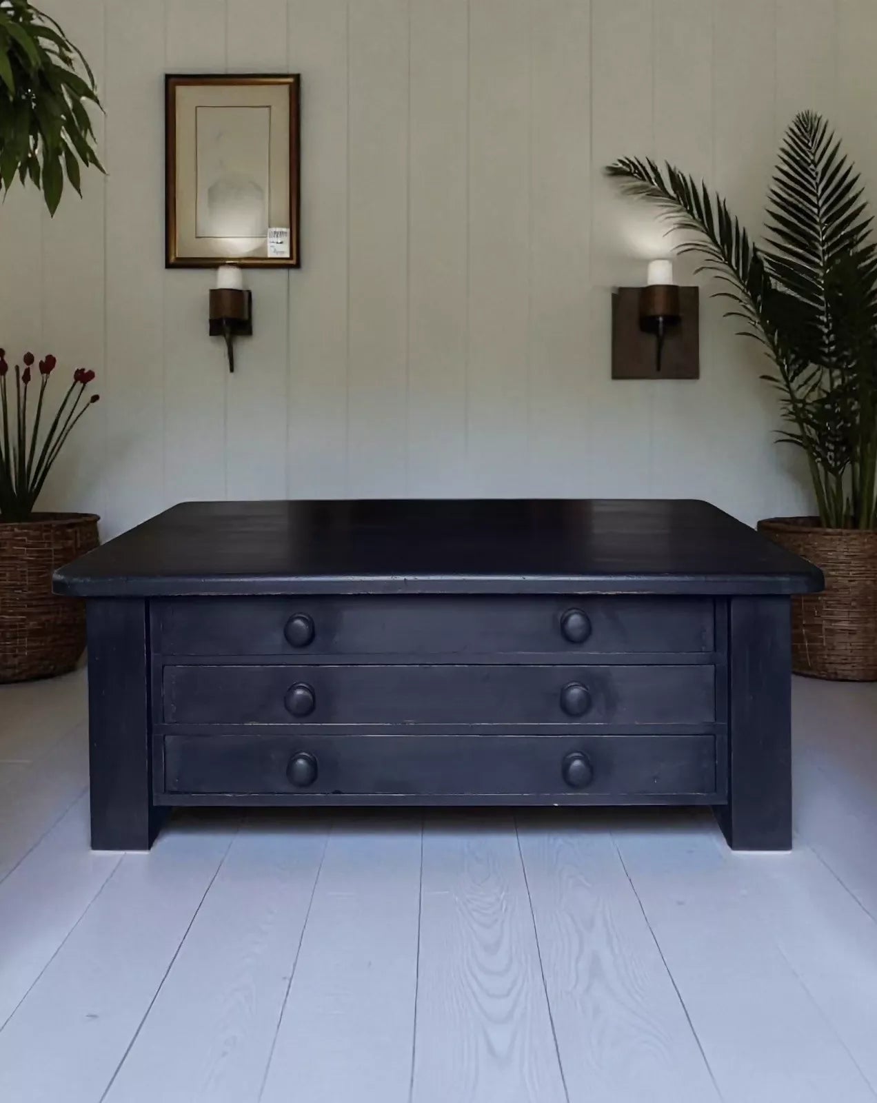 Large Black Painted Pine Late 20th Century Coffee TV Table Plan Chest Style