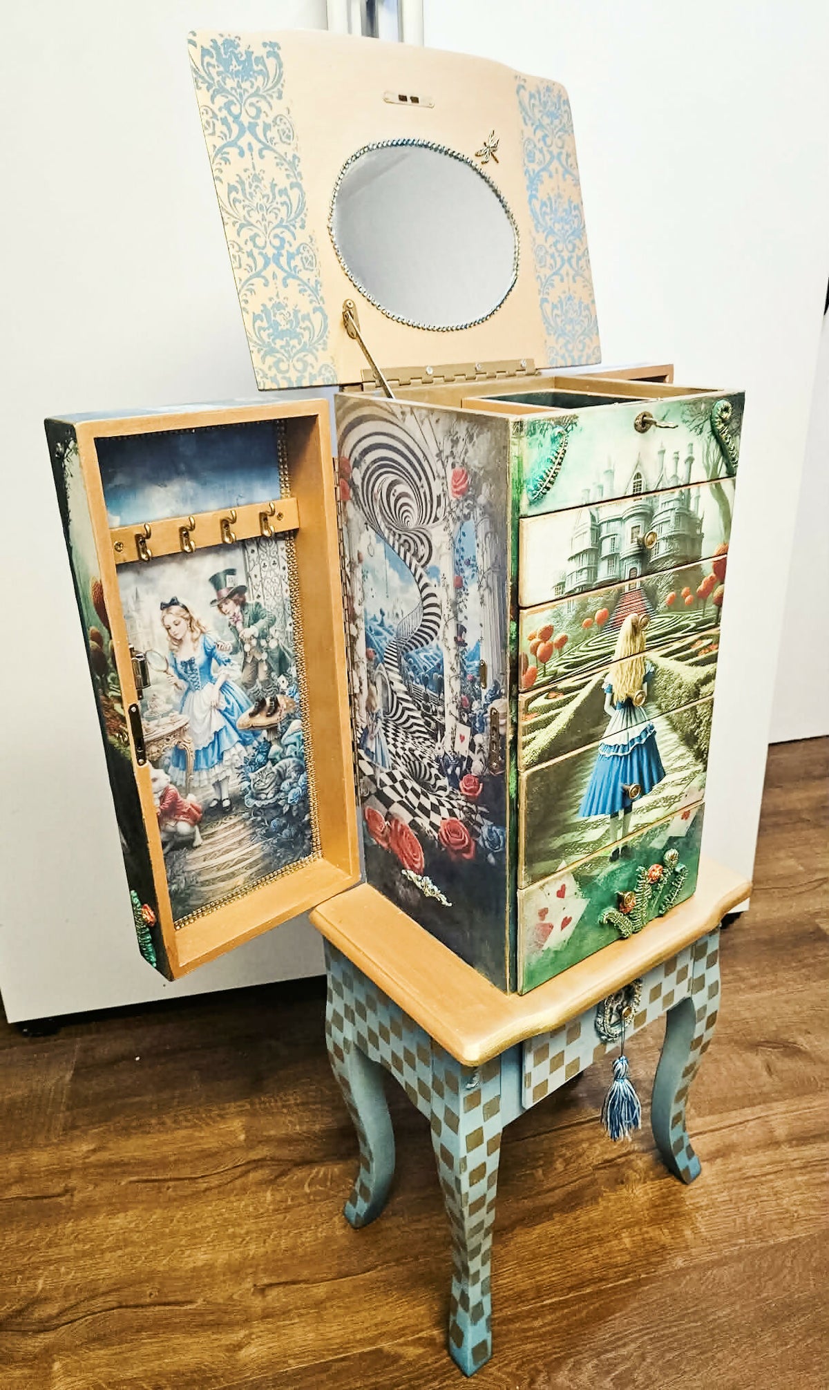 Hand painted and Decoupaged Alice in Wonderland Jewellery Armoire, whimsical vintage jewellery cabinet