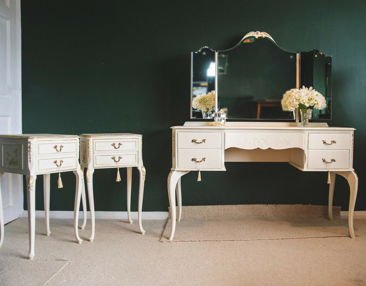 Pair of Cream French style Bedside drawers/nightstands with gold details