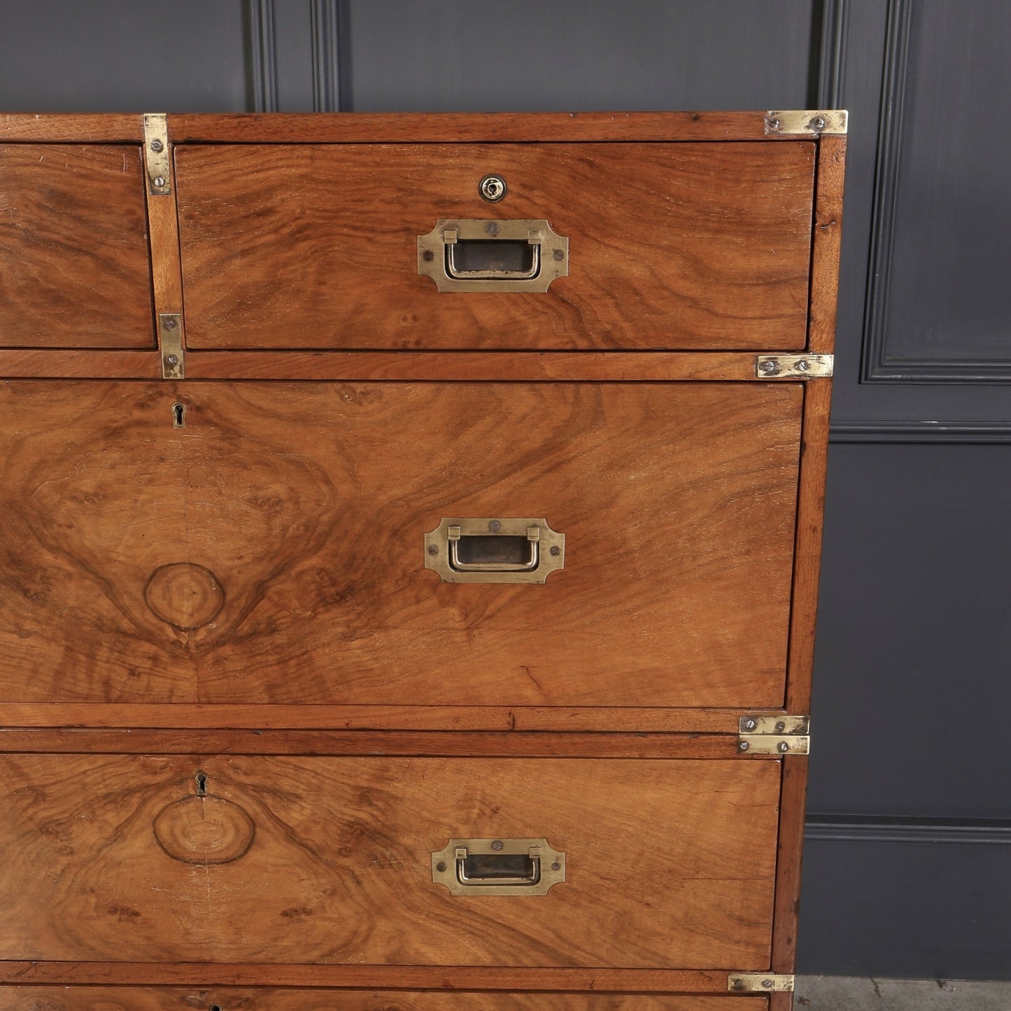 Rare Figured Walnut Military Vintage Campaign Chest of Drawers