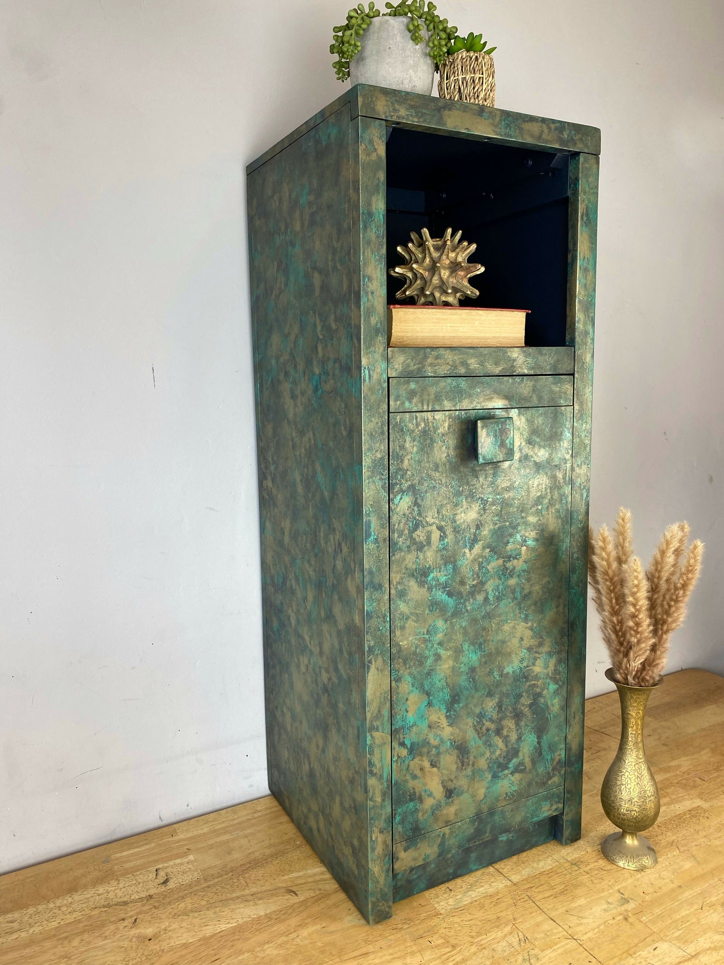 Funky rust effect tall cupboard, lamp table, slim storage cupboard