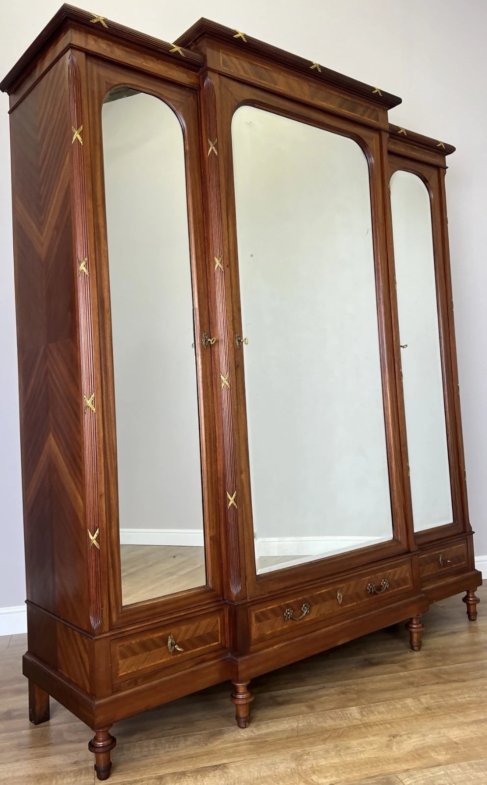 Wardrobe Antique French Style Three Door Inlaid Burr Mirrored Armoire LOT 6163