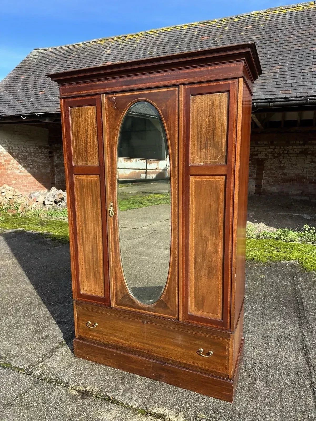 Antique Edwardian Mahogany Inlaid Mirrored Wardrobe With Drawer